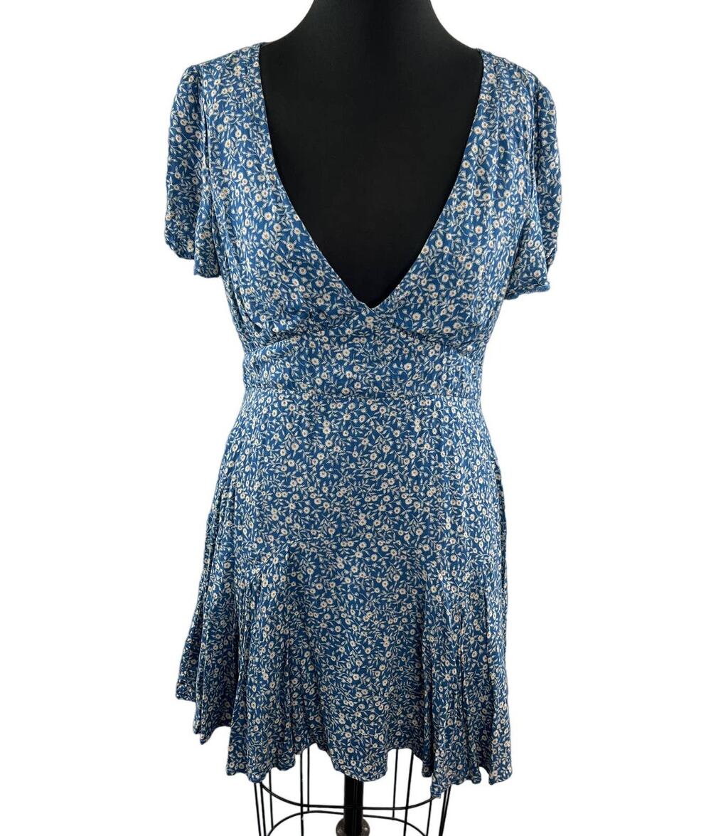 POLLY Blue Ditsy Floral Crepe Plunge V-Neck Mini Dress Pleated Short Sleeve 10